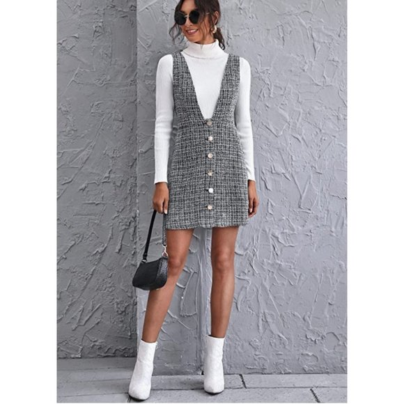 Black Plaid Tweed Sleeveless V-Neck A-Line Mini Pinafore Overalls Tank Dress - Picture 7 of 9